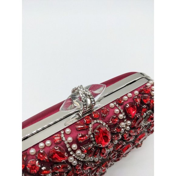 INC Ranndi beaded embellished crystal clutch minaudiere - RED/SILVER - Picture 8 of 14